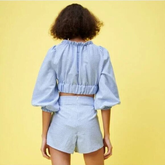 Zara Women's Blue & White Gingham Prairie Boho Cottage Crop Top Tie Front Size M - Picture 5 of 14